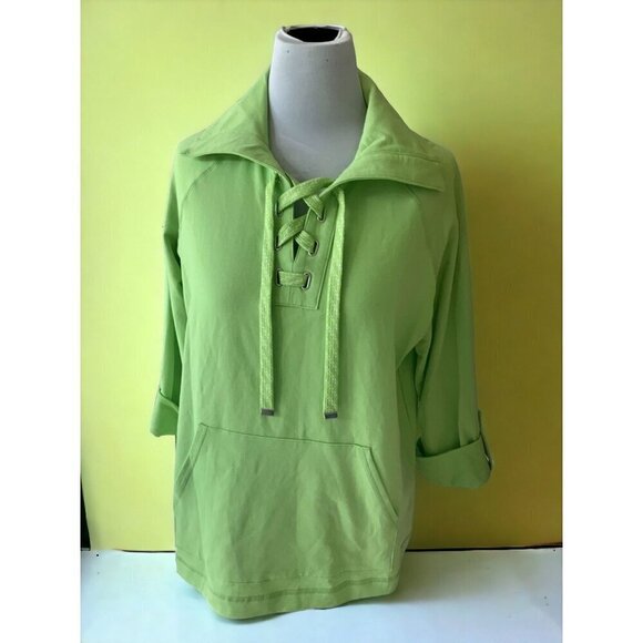 Ruby Rd vneck drawstring green cuffed quarter sleeve pullover top NEW Small - Picture 9 of 9